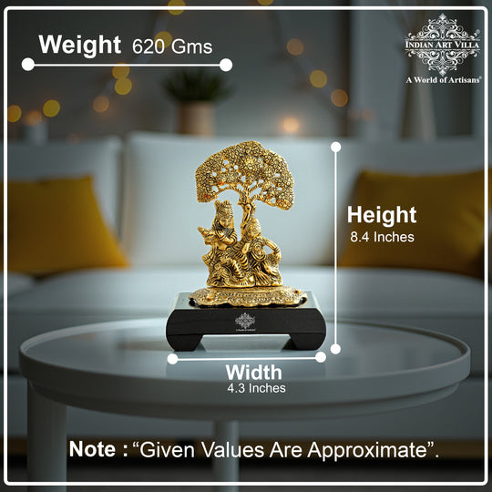 Brass Finish Radha Krishna Murti with Wooden Base