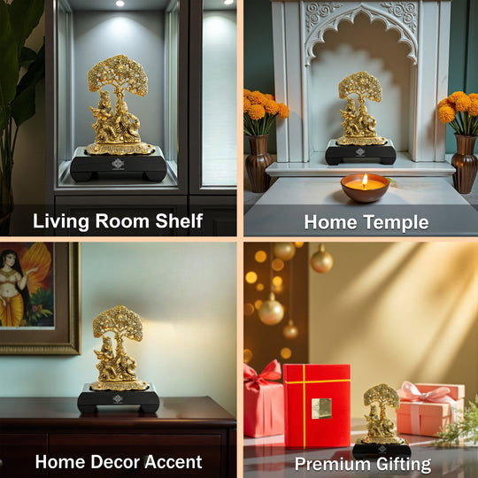 Brass Finish Radha Krishna Murti with Wooden Base