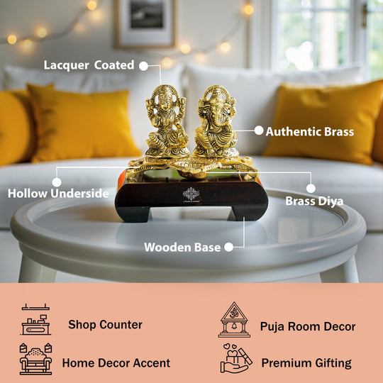 Brass Finish Ganesh Ji With  Laxmi JI Murti with Wooden Base