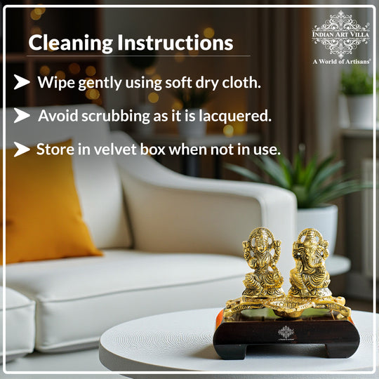 Brass Finish Ganesh Ji With  Laxmi JI Murti with Wooden Base