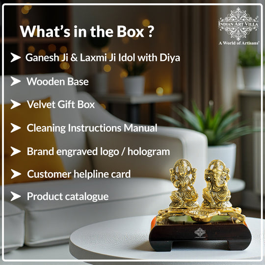 Brass Finish Ganesh Ji With  Laxmi JI Murti with Wooden Base
