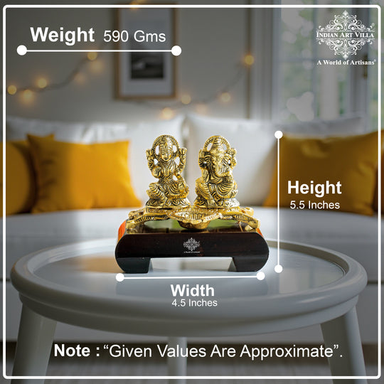 Brass Finish Ganesh Ji With  Laxmi JI Murti with Wooden Base