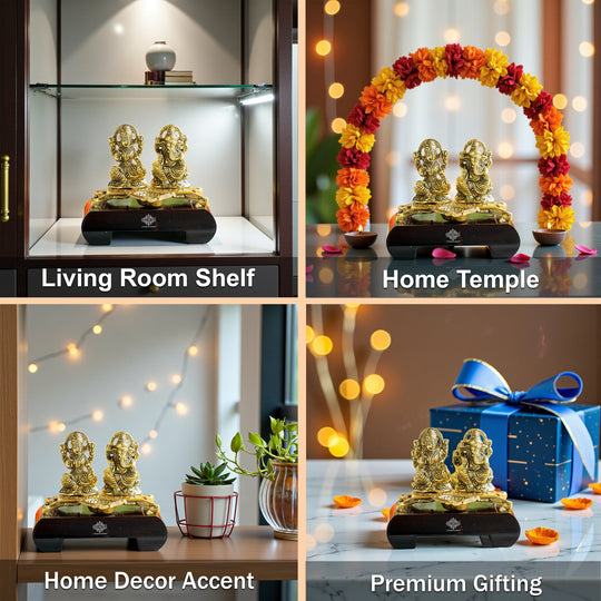 Brass Finish Ganesh Ji With  Laxmi JI Murti with Wooden Base