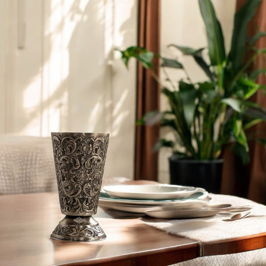 Hand-Embossed Aluminium Flower Vase | Elegant Decorative Glass Design | 17 cm Diameter