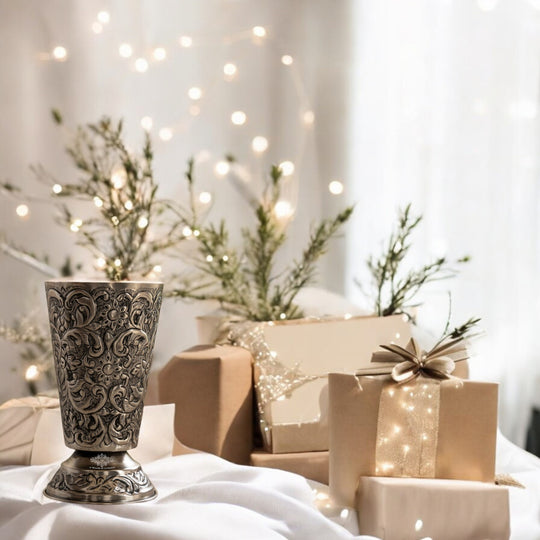 Hand-Embossed Aluminium Flower Vase | Elegant Decorative Glass Design | 17 cm Diameter