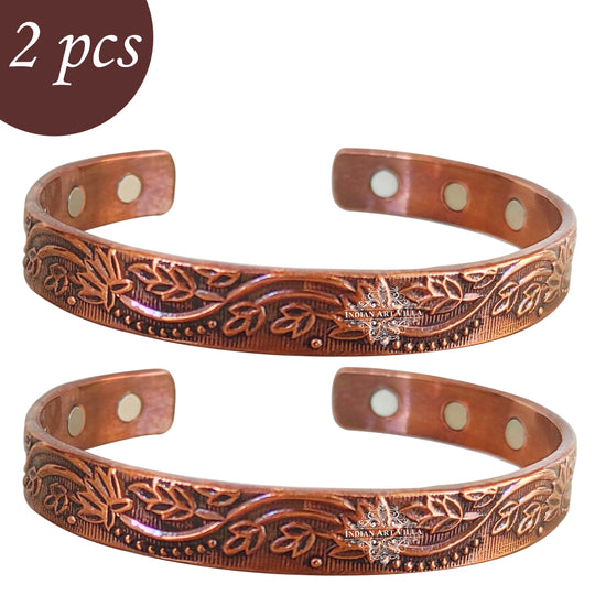 Indian Art Villa pure copper kada set of 2 with embossed floral vines design, traditional accessory for men and women.