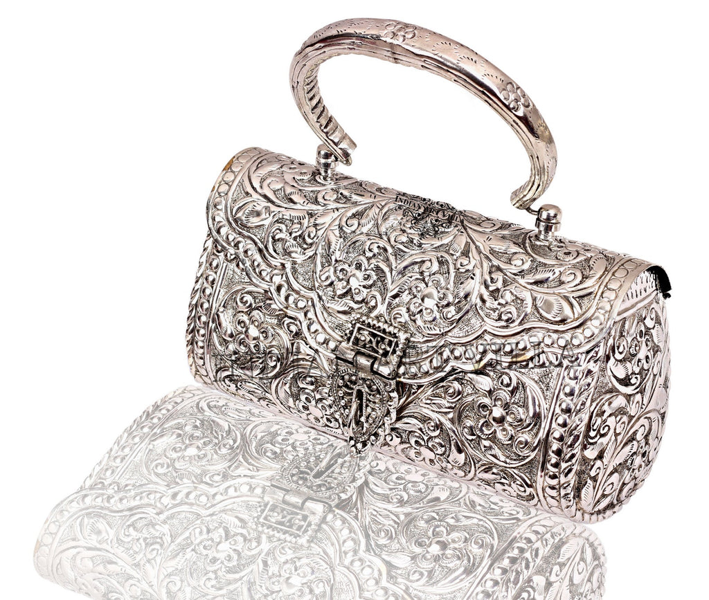 Indian Art Villa Designer Silver Plated Handbag Purse, Women Wedding Clutches, Gift Item