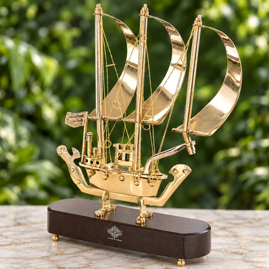 Brass Sailing Ship Showpiece with Wooden Base – Hand-Finished Brass, Rigging Fitted & Secured for Display | Indian Art Villa