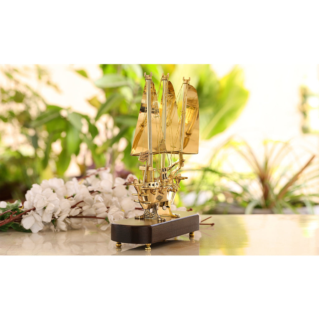 Indian Art Villa Brass Ship with Wooden base, Showpiece Item, Perfect for Home Decoration and Gifting