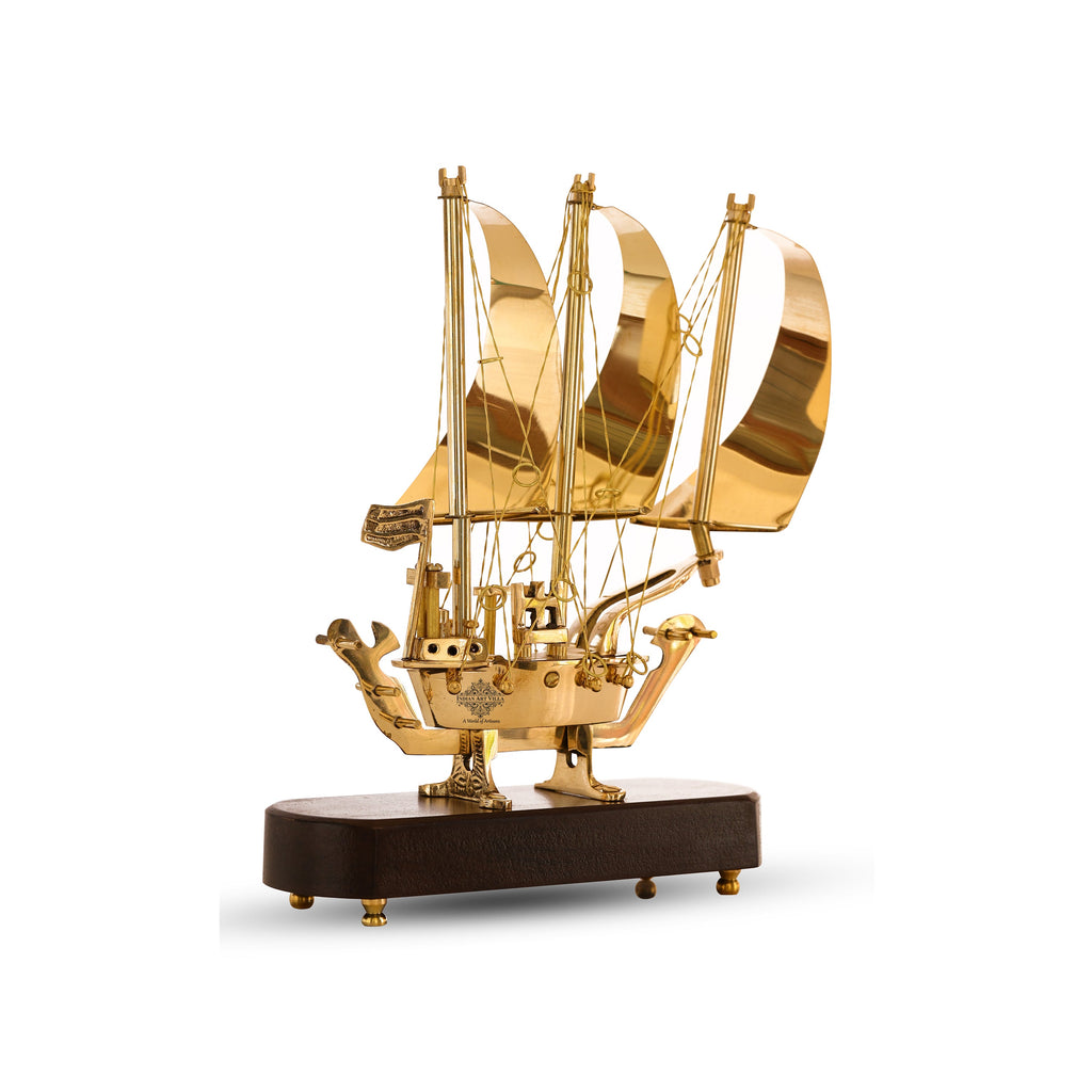 Indian Art Villa Brass Ship with Wooden base, Showpiece Item, Perfect for Home Decoration and Gifting