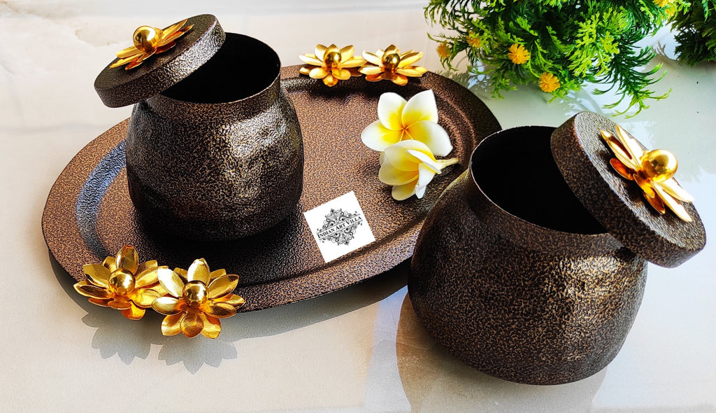 IndianArtVilla Flower Design Gift Storage Set of 2 box & 1 Tray, Gifts & Multipurpose Uses, 3 Pieces, Brown
