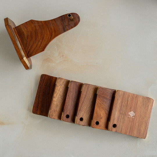 Wooden & Brass Coaster Set with Stand – 6 Pieces