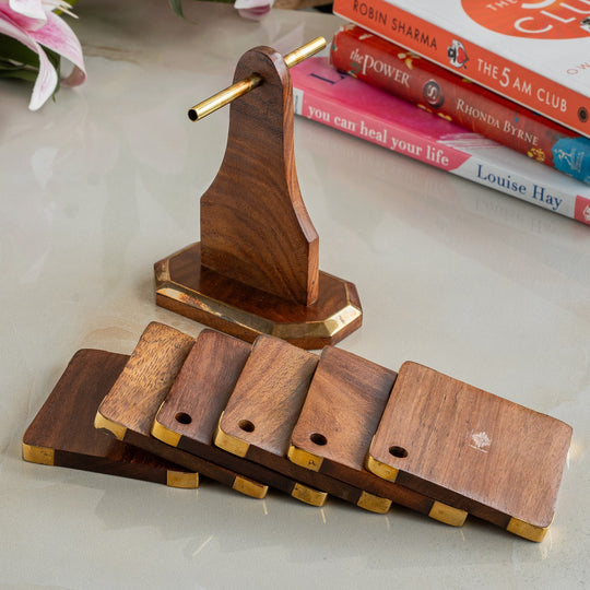 Wooden & Brass Coaster Set with Stand – 6 Pieces