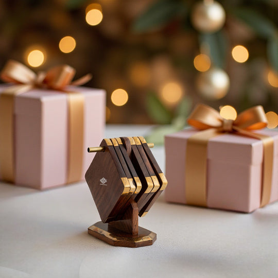 Wooden & Brass Coaster Set with Stand – 6 Pieces