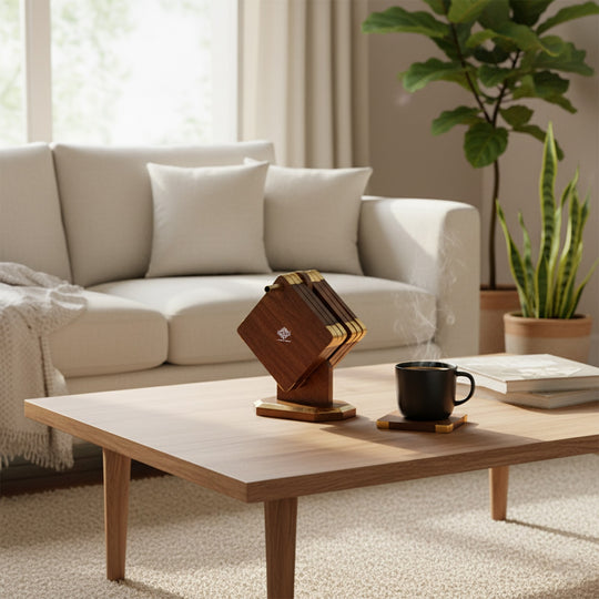 Wooden & Brass Coaster Set with Stand – 6 Pieces