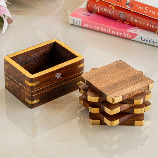 Wooden & Brass Coaster Set with Box – 6 Pieces