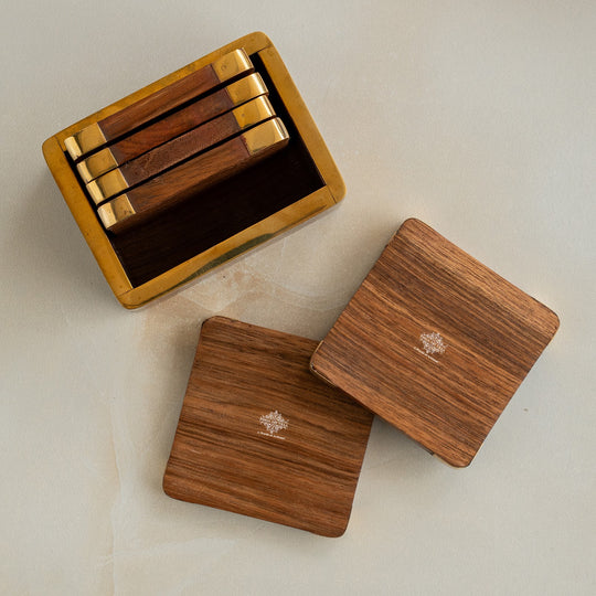 Wooden & Brass Coaster Set with Box – 6 Pieces