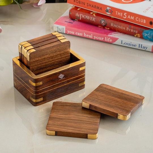 Wooden & Brass Coaster Set with Box – 6 Pieces