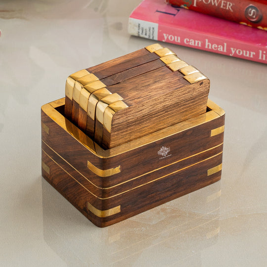 Wooden & Brass Coaster Set with Box – 6 Pieces