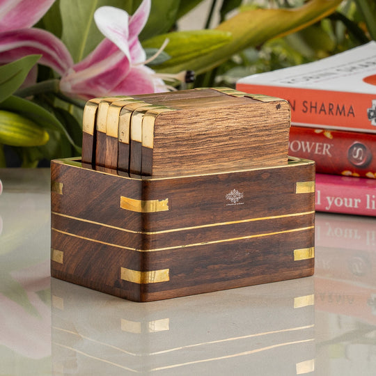 Wooden & Brass Coaster Set with Box – 6 Pieces