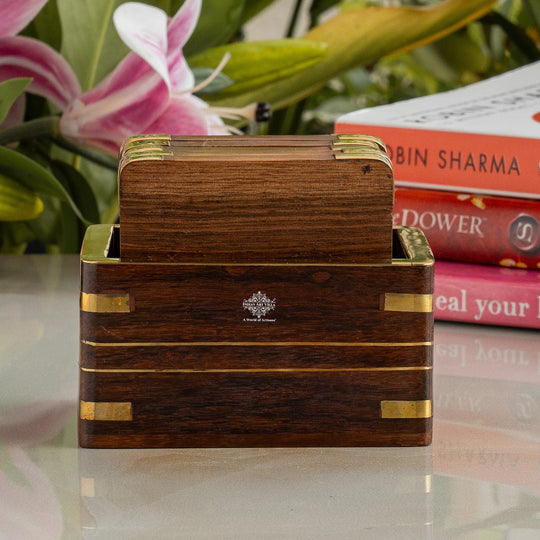 Wooden & Brass Coaster Set with Box – 6 Pieces