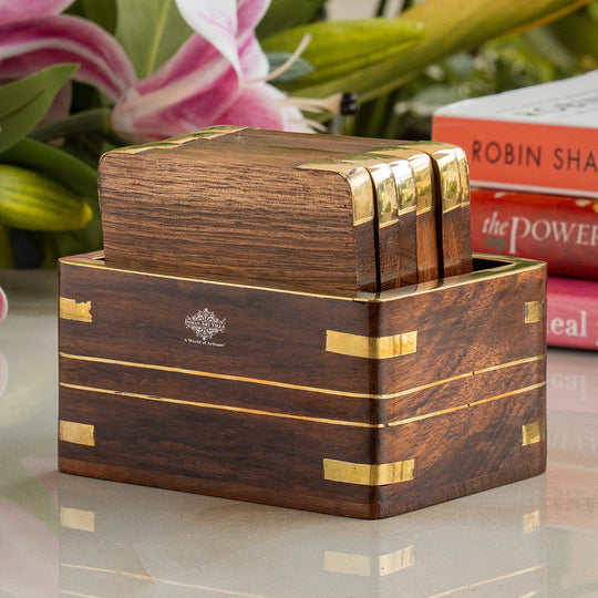 Wooden & Brass Coaster Set with Box – 6 Pieces