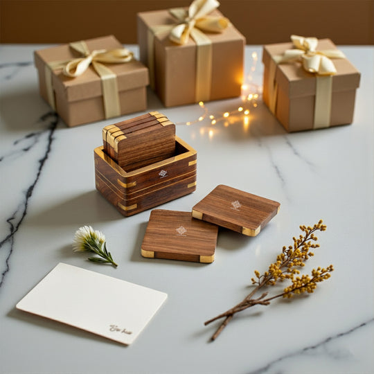 Wooden & Brass Coaster Set with Box – 6 Pieces