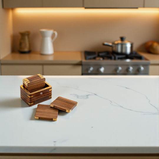 Wooden & Brass Coaster Set with Box – 6 Pieces