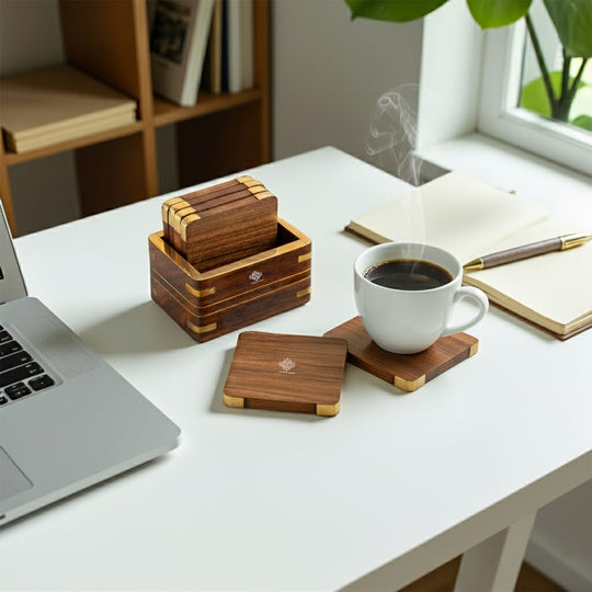 Wooden & Brass Coaster Set with Box – 6 Pieces