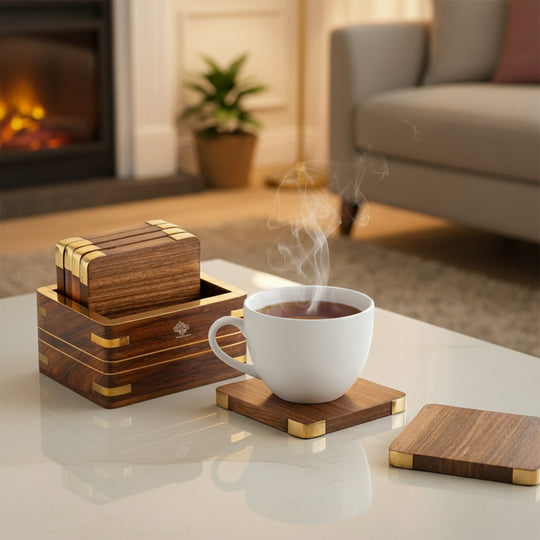 Wooden & Brass Coaster Set with Box – 6 Pieces