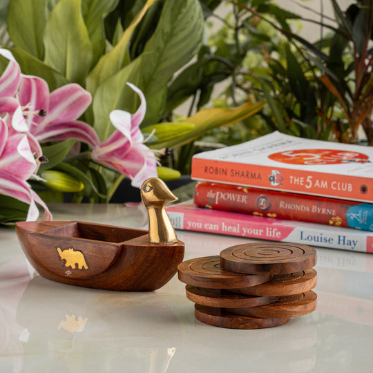 Brass & Wooden Coaster Set With Duck Design