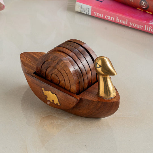Brass & Wooden Coaster Set With Duck Design
