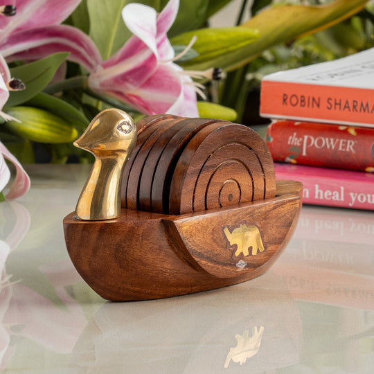 Brass & Wooden Coaster Set With Duck Design