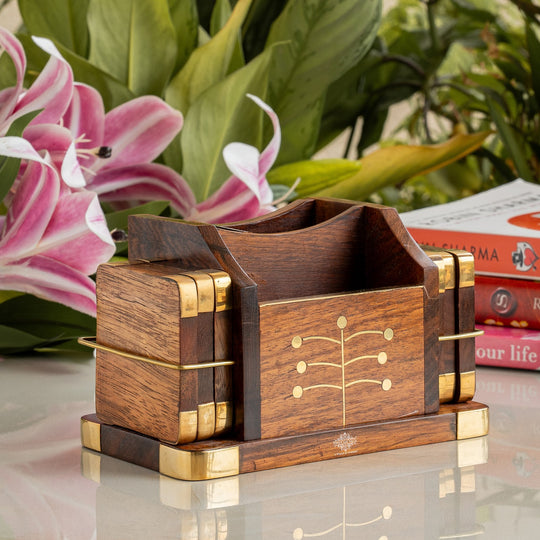 Brass & Wooden Coaster Set With Square Box