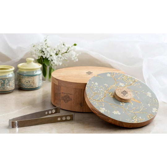 Wooden Serving Box with Decorative Lid & Tongs – Perfect for Roti, Momos, Idli & More