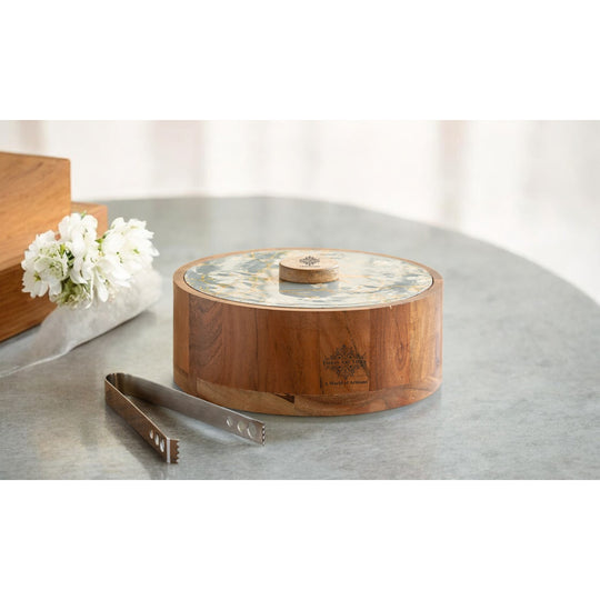 Wooden Serving Box with Decorative Lid & Tongs – Perfect for Roti, Momos, Idli & More
