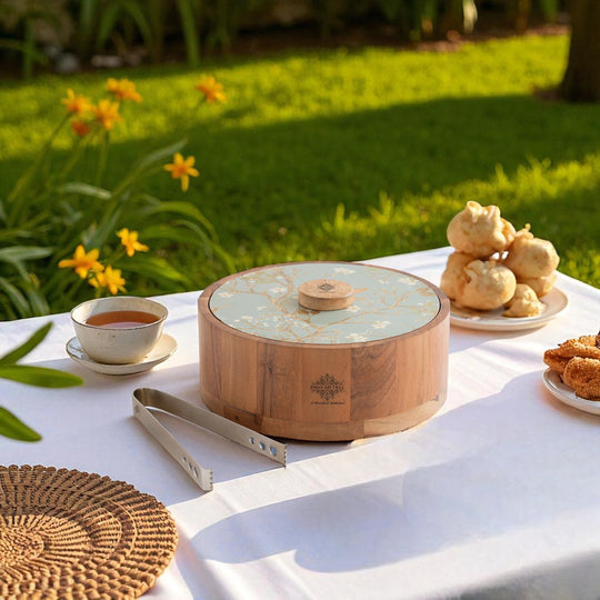 Wooden Serving Box with Decorative Lid & Tongs – Perfect for Roti, Momos, Idli & More