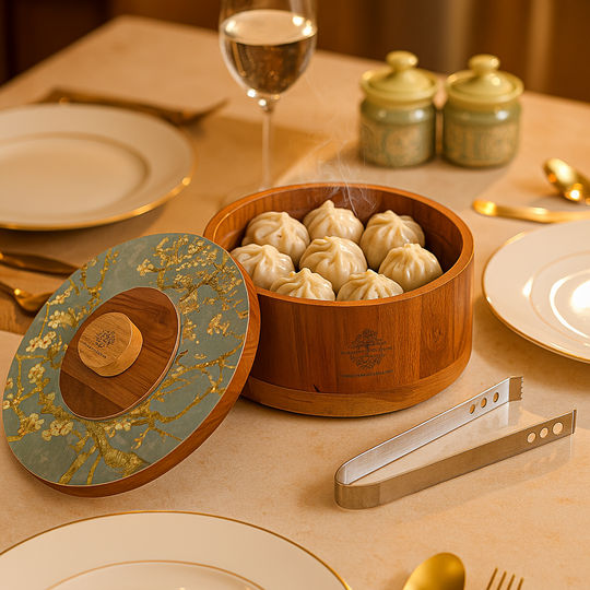 Wooden Serving Box with Decorative Lid & Tongs – Perfect for Roti, Momos, Idli & More