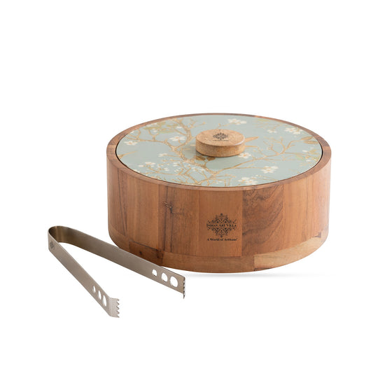Wooden Serving Box with Lid & Tongs for Roti, Momos & Idli