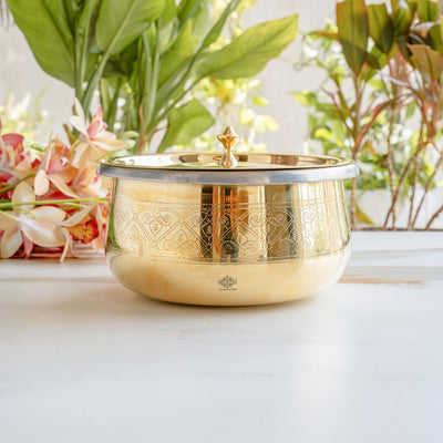 Pure Brass Embossed Design Handi with Lid & Inside Tin Linning - Brass Cookware