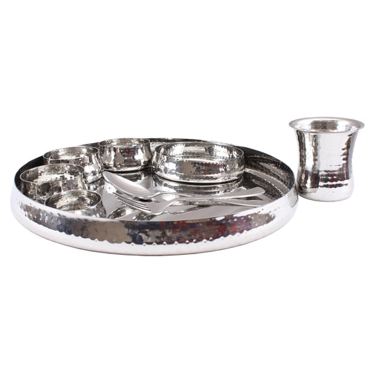 Handmade Pure Steel 9 Pieces Curved Thali Set | Dinner Set, Hammered Design, Serveware, Dinnerware