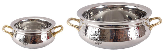 Handmade Pure Steel Set of 2 Handi with Round Brass Handle, Hammered Design