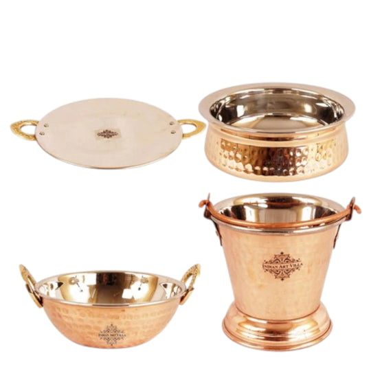 Handcrafted Pure Steel Copper Handi|Kadhai|Bucket &Tawa Serving Set