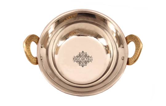 Kitchen Set of 1 Copper Sigri with Brass Stand, 1 Steel Copper Kadai-500 ML & 1 Spoon - Food Warmer, Curry - Home, Hotel, Restaurants