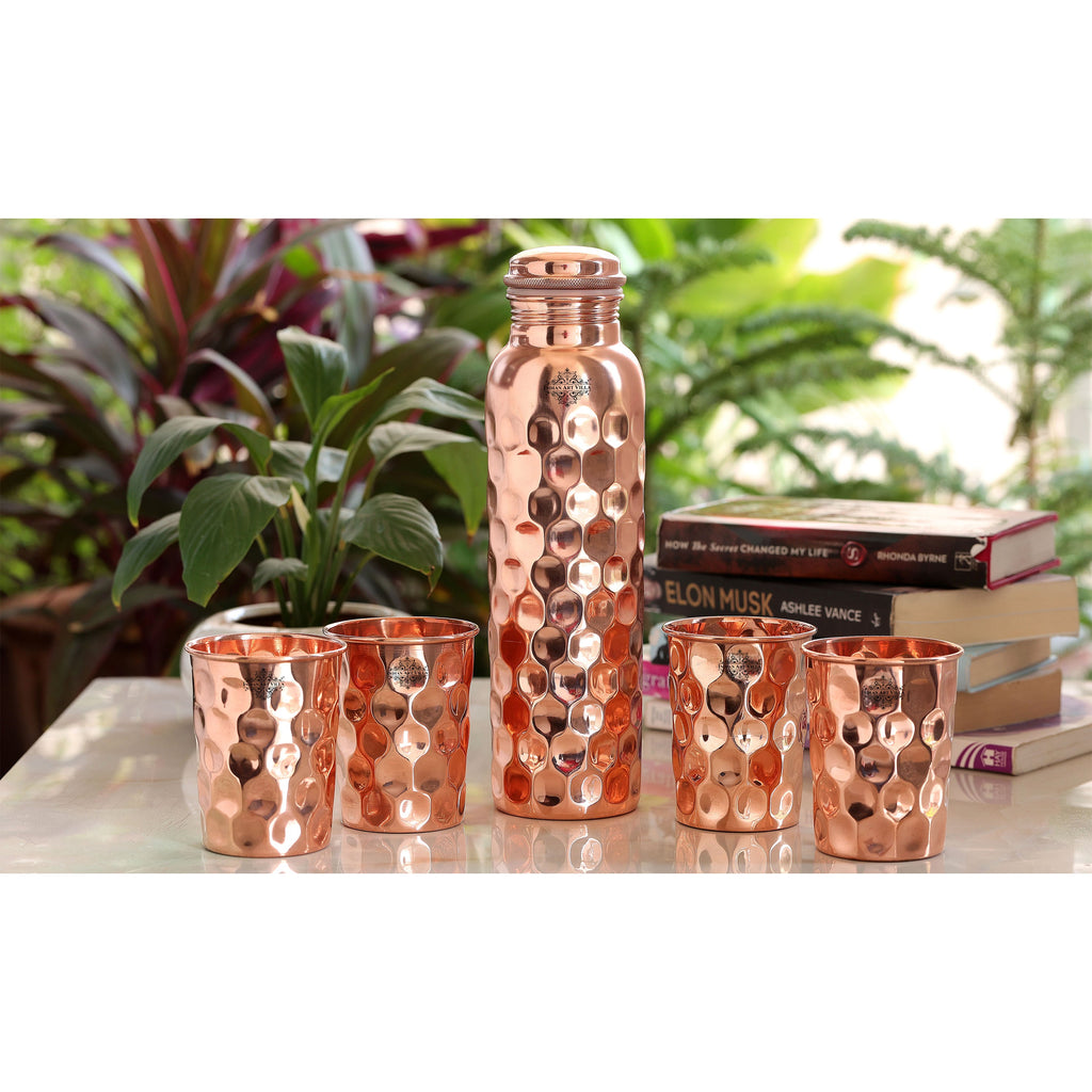 Indian Art Villa Pure Copper Diamond Bottle & Diamond Glass, 3 Pieces | 5 Pieces