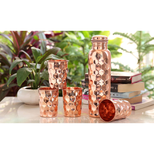 Pure copper diamond bottle glass set angle view — Indian Art Villa