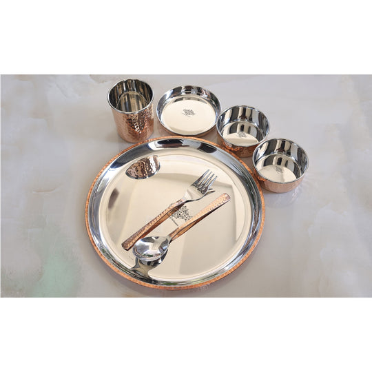 Steel Copper Dinner Set With Hammered Design, 1 Glass, 1 Spoon, 1 Fork, 1 Small Plate & 2 Bowls