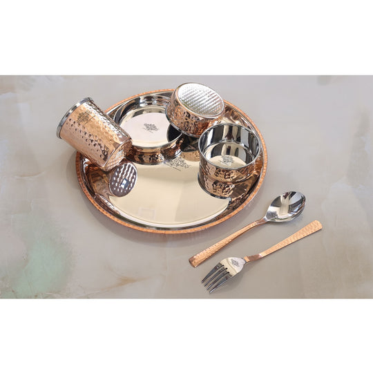 Steel Copper Dinner Set With Hammered Design, 1 Glass, 1 Spoon, 1 Fork, 1 Small Plate & 2 Bowls