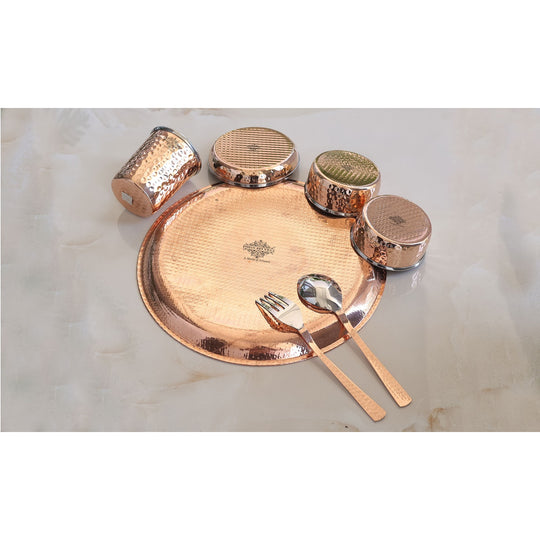 Steel Copper Dinner Set With Hammered Design, 1 Glass, 1 Spoon, 1 Fork, 1 Small Plate & 2 Bowls
