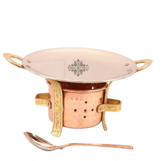 Kitchen Set of Copper Sigri with Brass Stand, Steel Copper Tawa, with Serving Spoon - Food Warmer, Serving Vegetables, Dishes, Curry - Home, Hotel, Restaurants